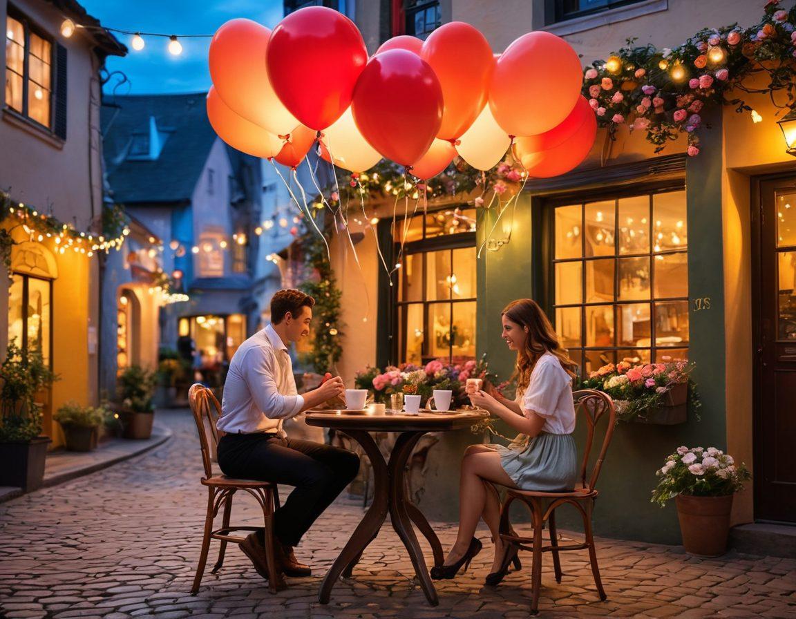 A whimsical scene depicting a cozy café setting where a couple shares a tender moment over cups of coffee, surrounded by playful heart-shaped balloons and delicate flowers. Soft, warm lighting enhances the romantic ambiance, while a subtle breeze causes the petals to dance. The backdrop features a charming street with artistic murals and twinkling fairy lights. vibrant colors. painting.