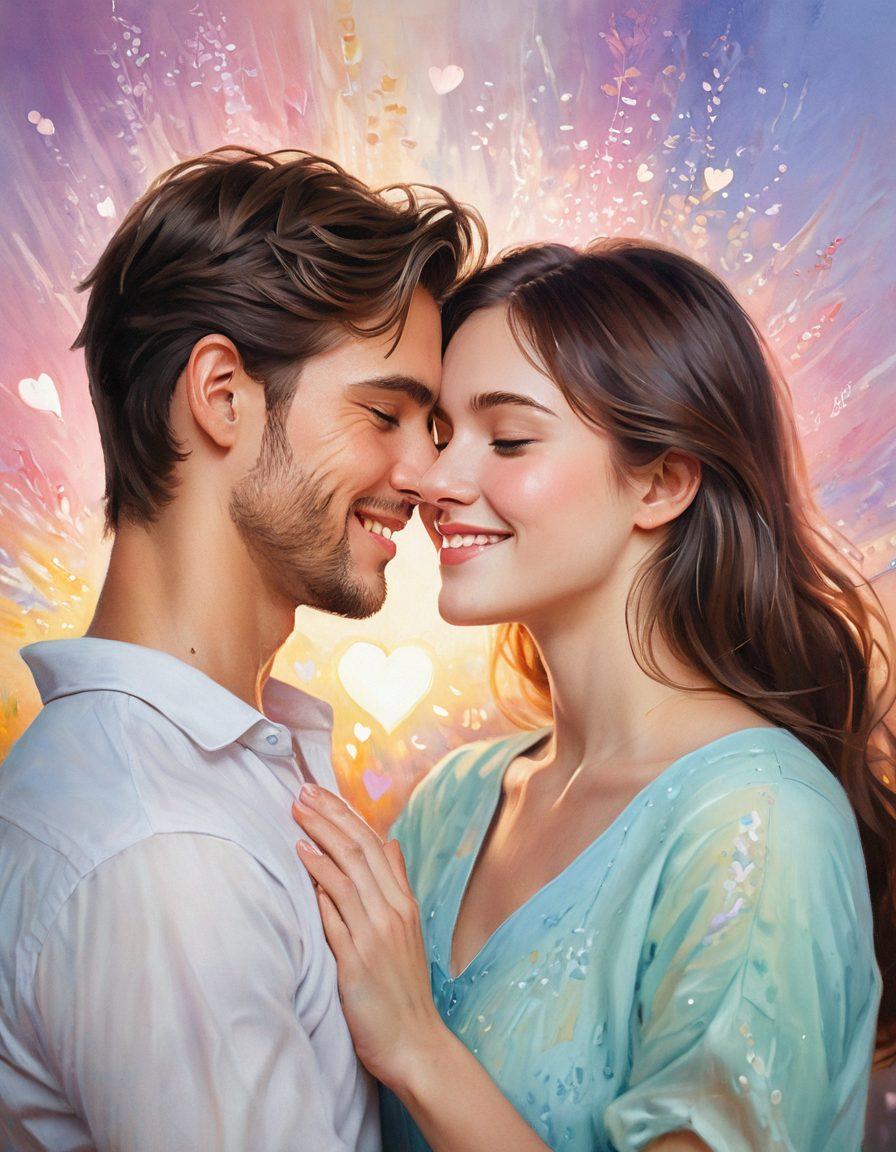 A warm, inviting scene depicting two individuals sharing a genuine moment, with soft smiles and sparkling eyes, surrounded by delicate heart motifs and subtle glimmers of light symbolizing heartfelt connections. The background should feature a beautiful blend of soft colors creating a dreamy atmosphere, enhancing the sense of intimacy and warmth. artistically styled as an impressionist painting.