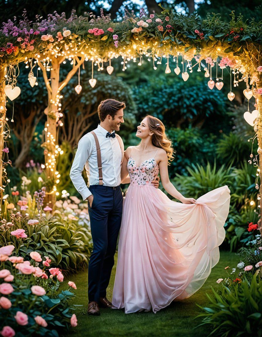 A playful couple sharing a whimsical moment in a lush garden, surrounded by vibrant flowers and magical fairy lights. The man's quirky outfit contrasts with the woman's romantic dress, capturing joy and imagination. Soft pastel colors dominate the scene, with whimsical elements like floating hearts and butterflies enhancing the enchanting atmosphere. abstract art. vibrant colors. soft focus.